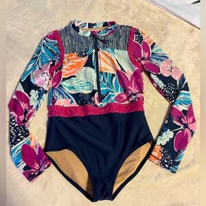 Athleta Kids Long Sleeve One-Piece Swimsuit in Navy with Floral Print